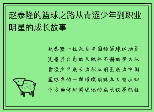 赵泰隆的篮球之路从青涩少年到职业明星的成长故事 赵泰隆的篮球之路从青涩少年到职业明星的成长故事