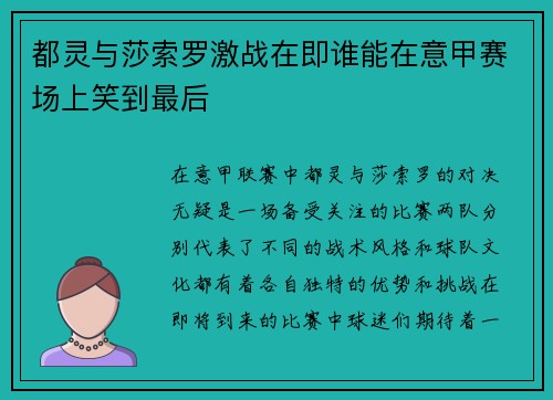 都灵与莎索罗激战在即谁能在意甲赛场上笑到最后 都灵与莎索罗激战在即谁能在意甲赛场上笑到最后